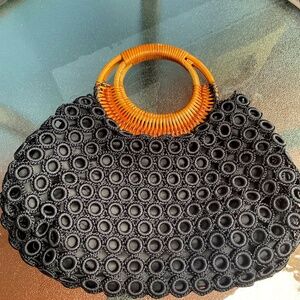 Beautiful Black Bag With Round Wooden Handles